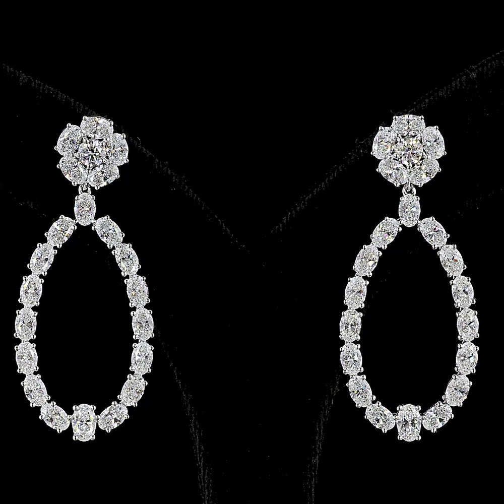 14K White Gold Mixed Shape Drop Earrings with Oval and Round Cut Lab Diamonds - 7.14 Carats Total Diamond Weight - Covaloro Fine Jewelry