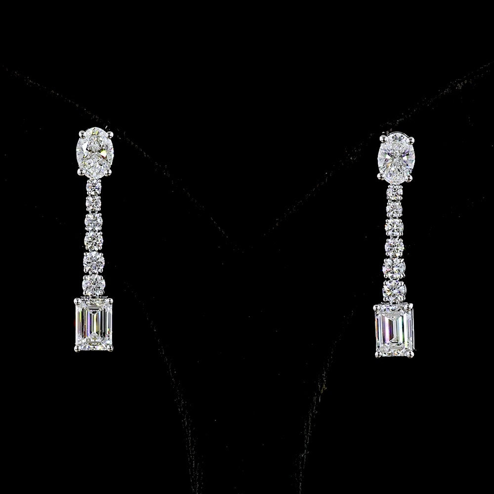 14K White Gold Mixed Shape Drop Earrings with Oval, Round, and Emerald Cut Lab Diamonds - 5.06 Carats Total Diamond Weight - Covaloro Fine Jewelry