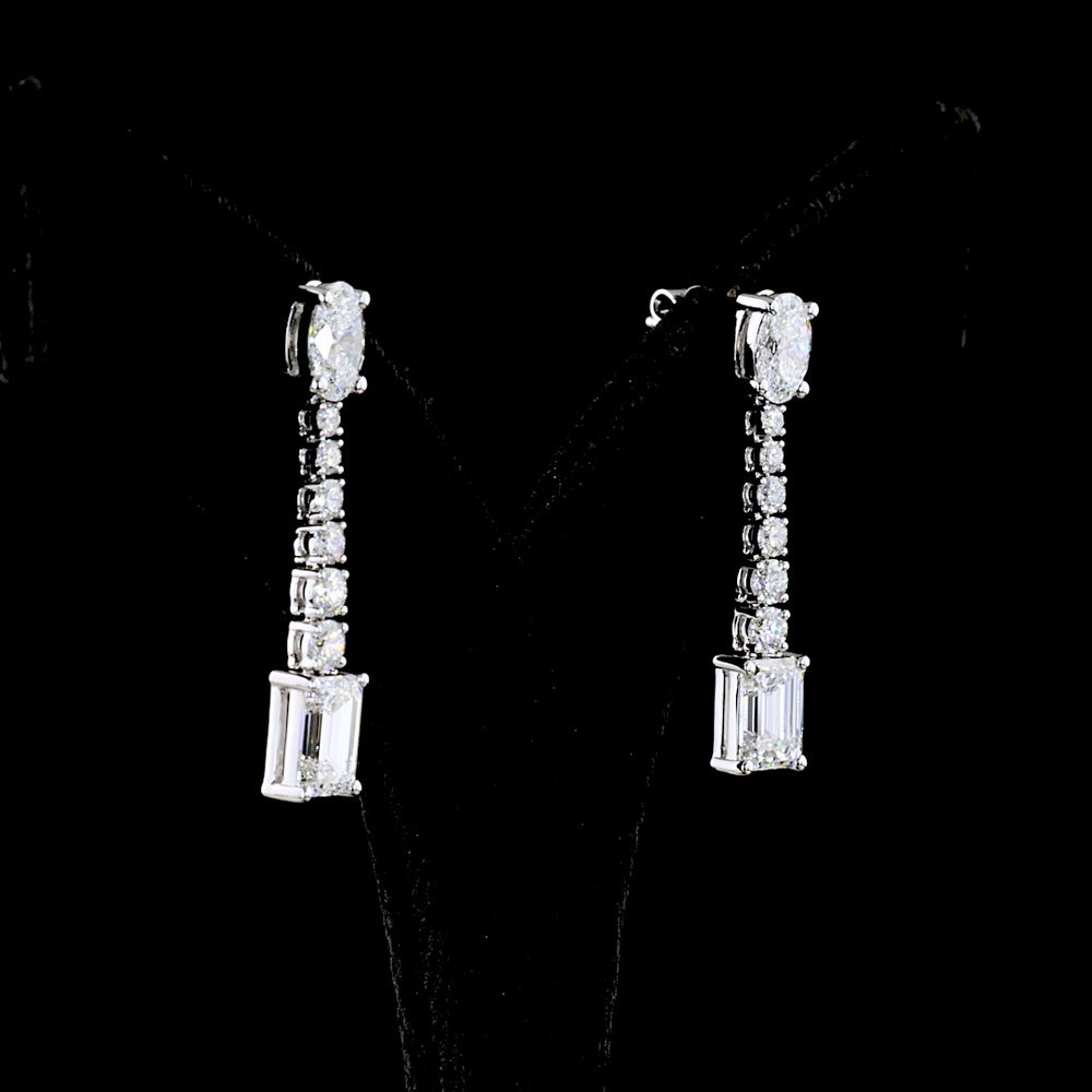 14K White Gold Mixed Shape Drop Earrings with Oval, Round, and Emerald Cut Lab Diamonds - 5.06 Carats Total Diamond Weight - Covaloro Fine Jewelry