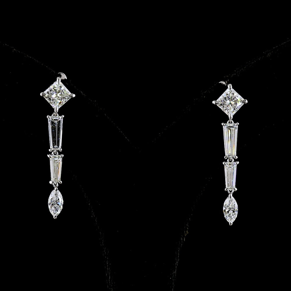 14K White Gold Mixed Shape Drop Earrings with Princess, Baguette, and Marquise Cut Lab Diamonds - 4.60 Carats Total Diamond Weight - Covaloro Fine Jewelry