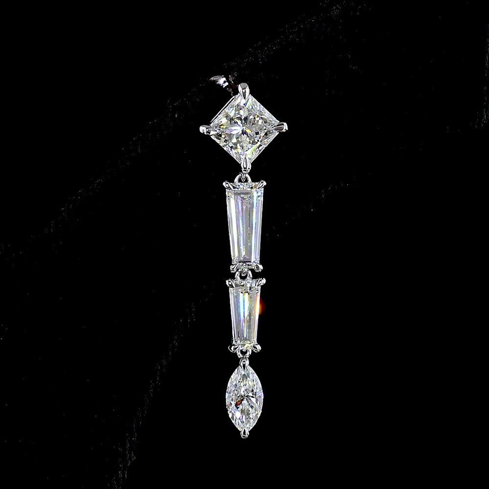 14K White Gold Mixed Shape Drop Earrings with Princess, Baguette, and Marquise Cut Lab Diamonds - 4.60 Carats Total Diamond Weight - Covaloro Fine Jewelry