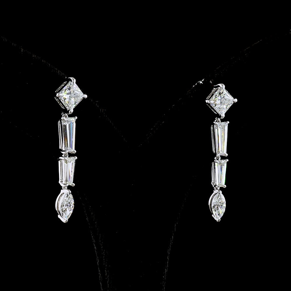 14K White Gold Mixed Shape Drop Earrings with Princess, Baguette, and Marquise Cut Lab Diamonds - 4.60 Carats Total Diamond Weight - Covaloro Fine Jewelry