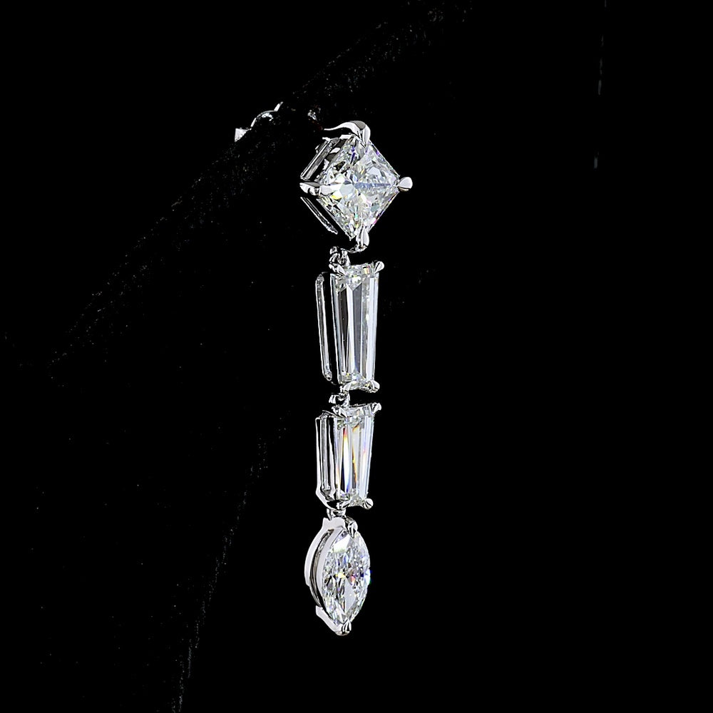 14K White Gold Mixed Shape Drop Earrings with Princess, Baguette, and Marquise Cut Lab Diamonds - 4.60 Carats Total Diamond Weight - Covaloro Fine Jewelry