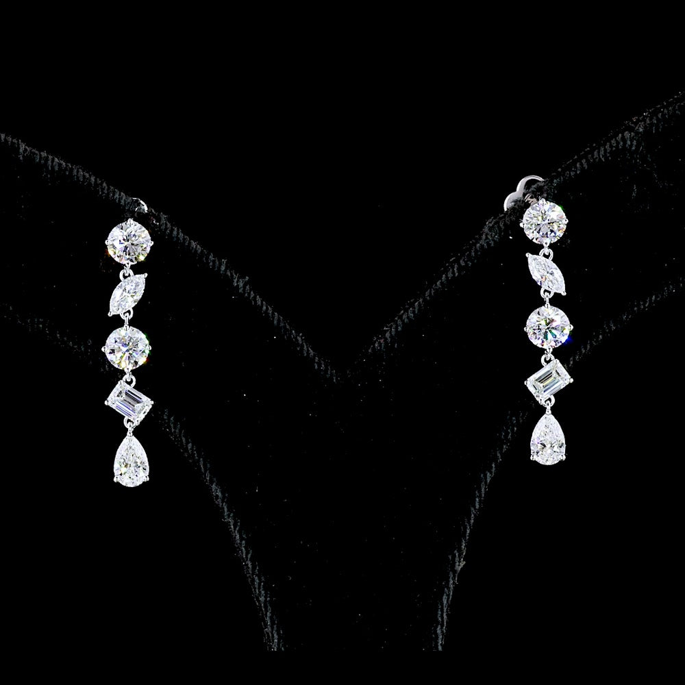 14K White Gold Mixed Shape Drop Earrings with Round, Marquise, Oval, Diamond, and Pear Lab Diamonds - 2.42 Carats Total Weight - Covaloro Fine Jewelry