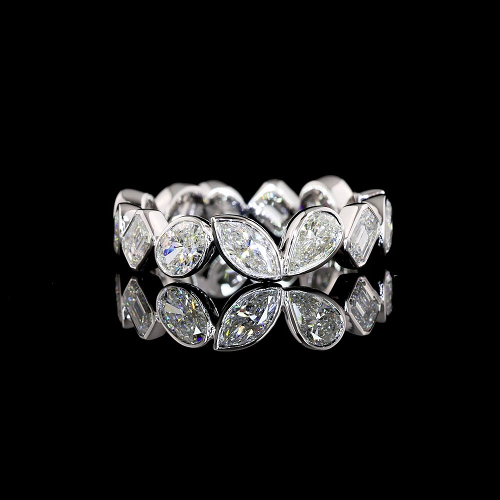14K White Gold Mixed Shape Eternity Band with Inclined Bezel Set Oval, Pear, Marquise, and Emerald Cut Lab Diamonds - 2.78 Carats Total Diamond Weight - Covaloro Fine Jewelry