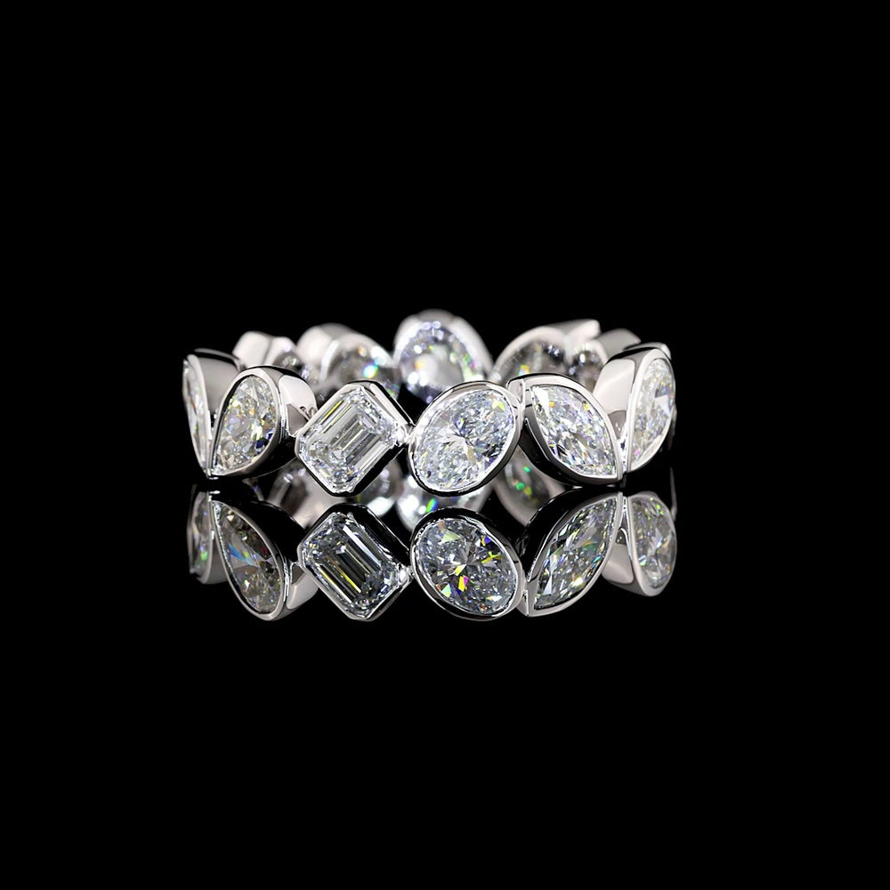14K White Gold Mixed Shape Eternity Band with Inclined Bezel Set Oval, Pear, Marquise, and Emerald Cut Lab Diamonds - 2.78 Carats Total Diamond Weight - Covaloro Fine Jewelry