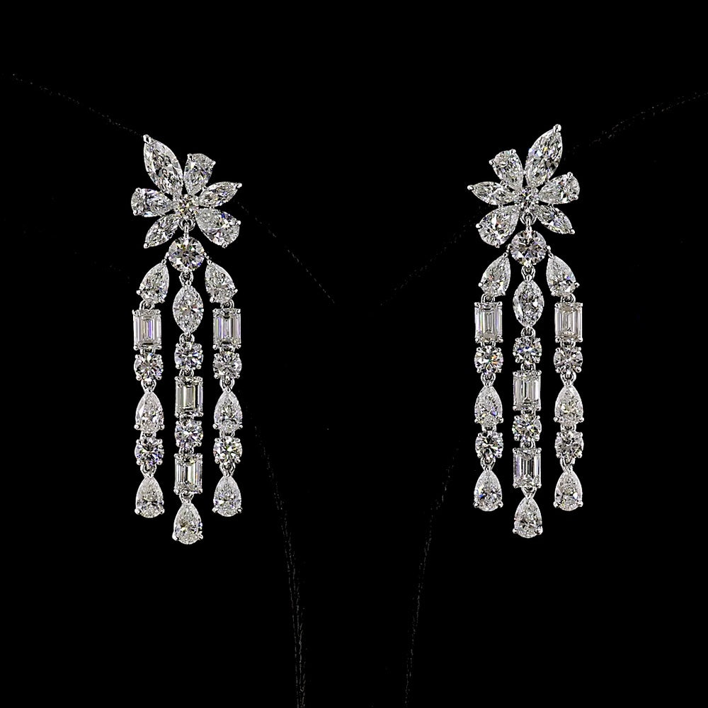 14K White Gold Mixed Shape Hanging Chandelier Earrings with Marquise, Pear, Emerald, and Round Lab Diamonds - 12.74 Carats Total Diamond Weight - Covaloro Fine Jewelry