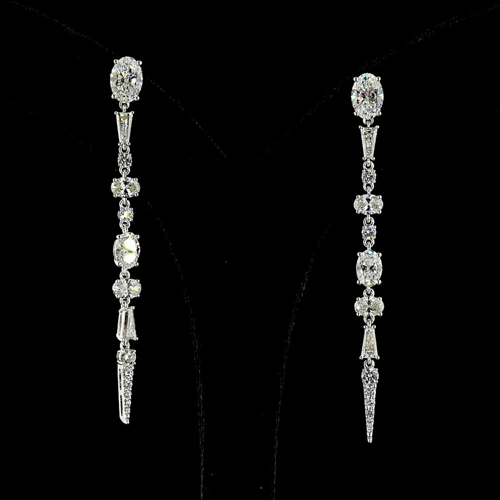 14K White Gold Mixed Shape Hanging Drop Earrings with Oval and Tapered Baguette Lab Diamonds - 5.66 Carats Total Diamond Weight - Covaloro Fine Jewelry