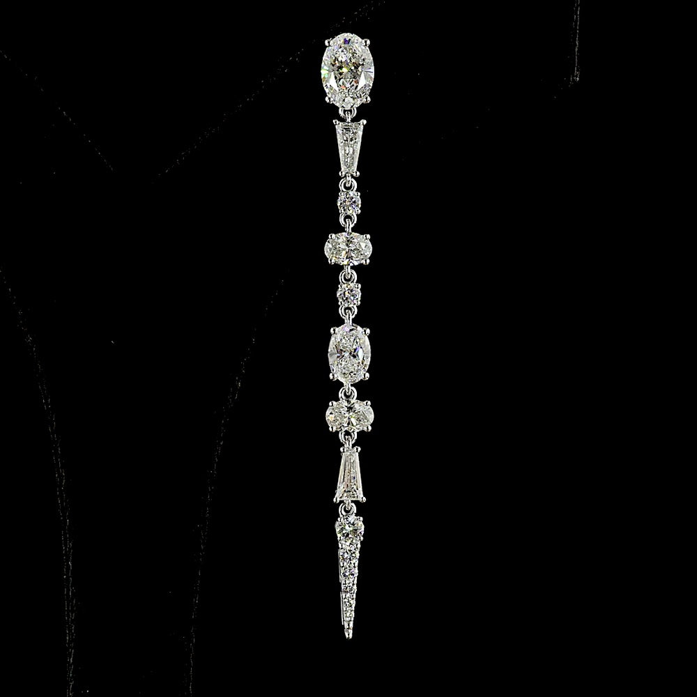 14K White Gold Mixed Shape Hanging Drop Earrings with Oval and Tapered Baguette Lab Diamonds - 5.66 Carats Total Diamond Weight - Covaloro Fine Jewelry
