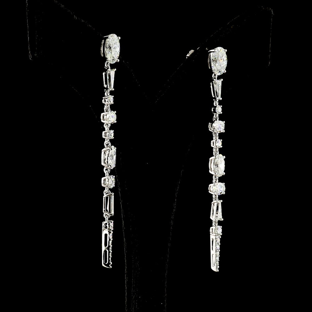 14K White Gold Mixed Shape Hanging Drop Earrings with Oval and Tapered Baguette Lab Diamonds - 5.66 Carats Total Diamond Weight - Covaloro Fine Jewelry