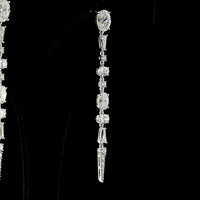 14K White Gold Mixed Shape Hanging Drop Earrings with Oval and Tapered Baguette Lab Diamonds - 5.66 Carats Total Diamond Weight - Covaloro Fine Jewelry