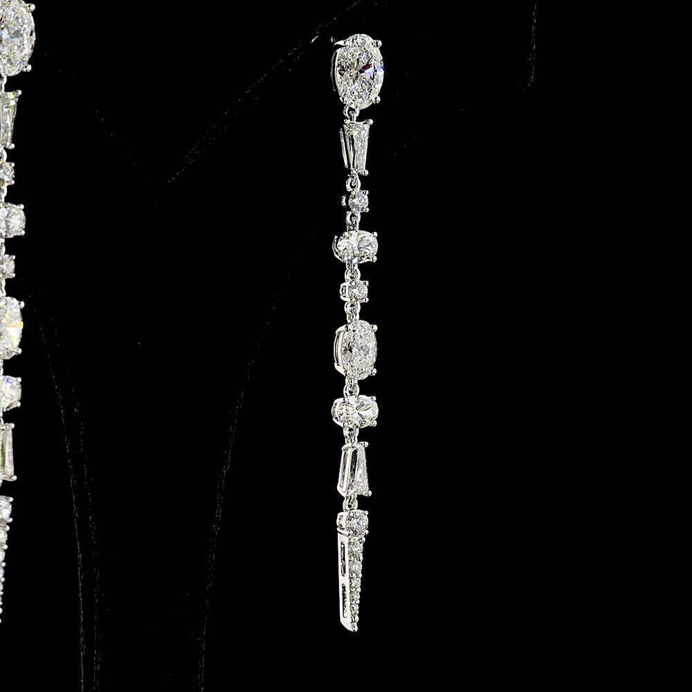 14K White Gold Mixed Shape Hanging Drop Earrings with Oval and Tapered Baguette Lab Diamonds - 5.66 Carats Total Diamond Weight - Covaloro Fine Jewelry
