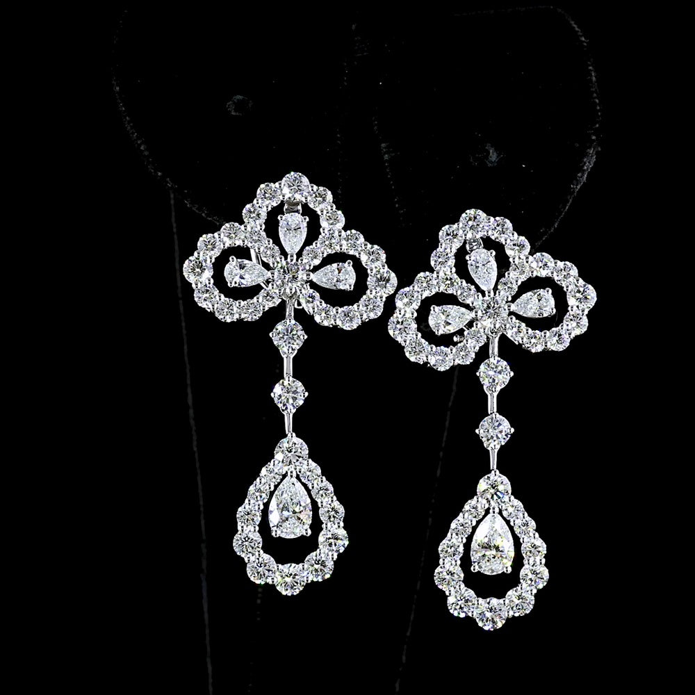 14K White Gold Mixed Shape Hanging Drop Earrings with Pear and Brilliant Cut Lab-Grown Diamonds - 6.84 Carats Total Diamond Weight - Covaloro Fine Jewelry