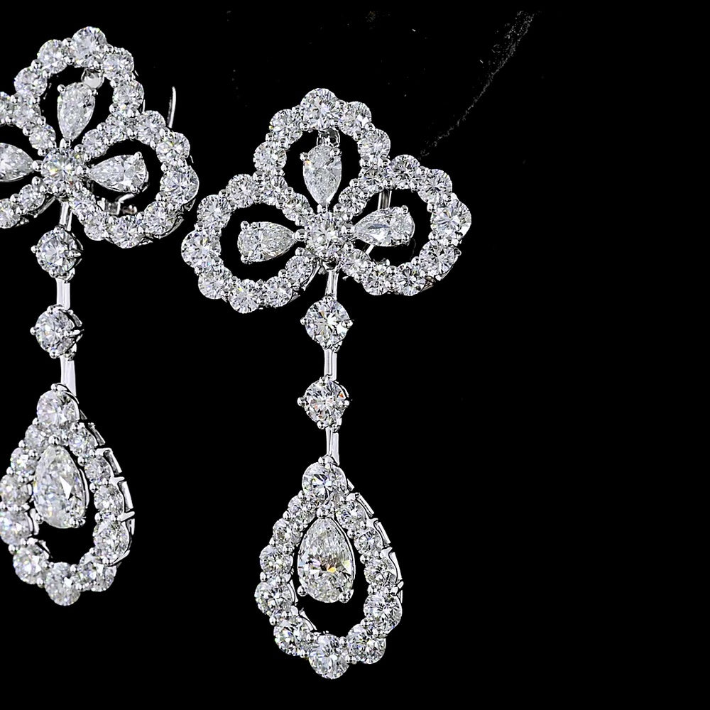14K White Gold Mixed Shape Hanging Drop Earrings with Pear and Brilliant Cut Lab-Grown Diamonds - 6.84 Carats Total Diamond Weight - Covaloro Fine Jewelry