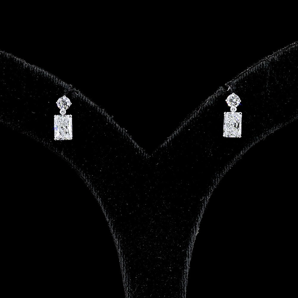14K White Gold Mixed Shape Hanging Earrings with Brilliant Round and Radiant Cut Lab Diamonds - 1.72 Carat Total Diamond Weight - Covaloro Fine Jewelry