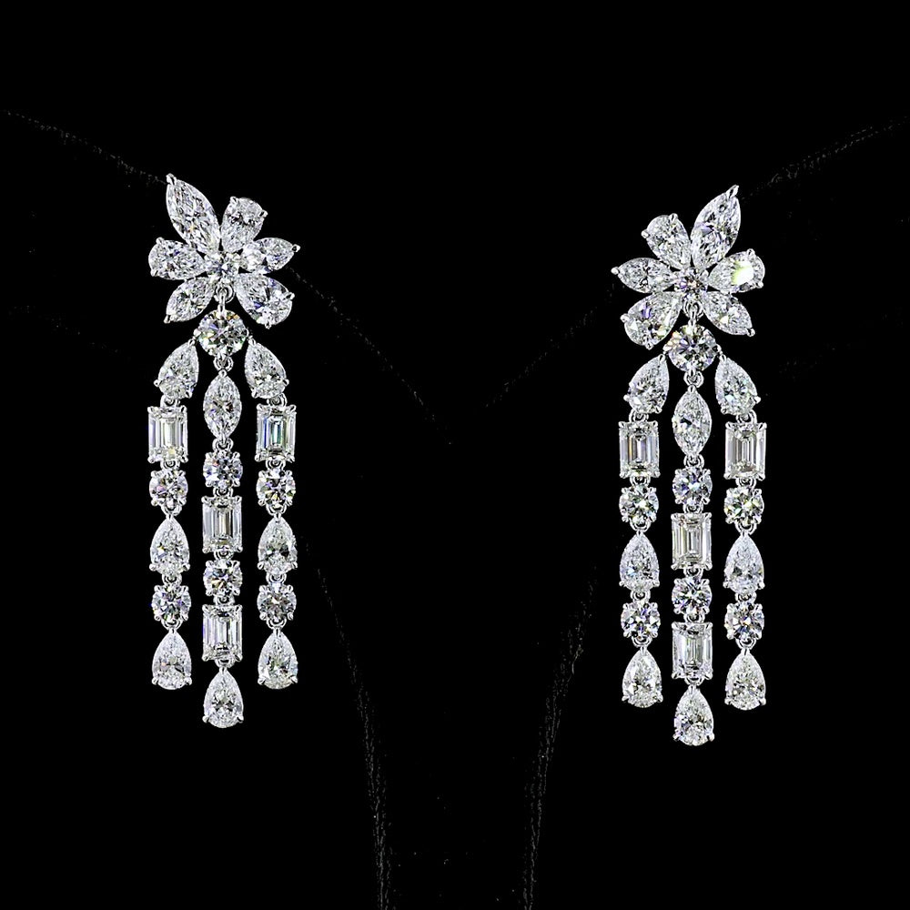 14K White Gold Mixed Shape Hanging Earrings with Emerald, Marquise, Brilliant, and Pear Lab Diamonds - 13.63 Carats Total Diamond Weight - Covaloro Fine Jewelry