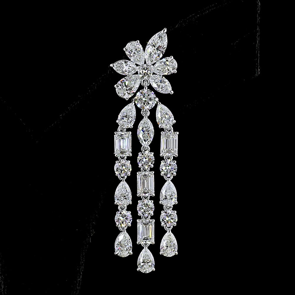 14K White Gold Mixed Shape Hanging Earrings with Emerald, Marquise, Brilliant, and Pear Lab Diamonds - 13.63 Carats Total Diamond Weight - Covaloro Fine Jewelry