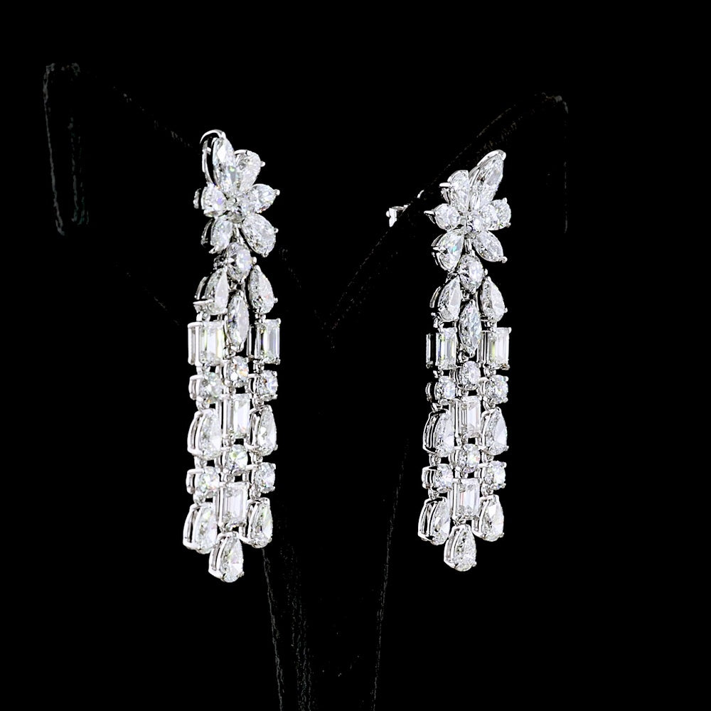 14K White Gold Mixed Shape Hanging Earrings with Emerald, Marquise, Brilliant, and Pear Lab Diamonds - 13.63 Carats Total Diamond Weight - Covaloro Fine Jewelry