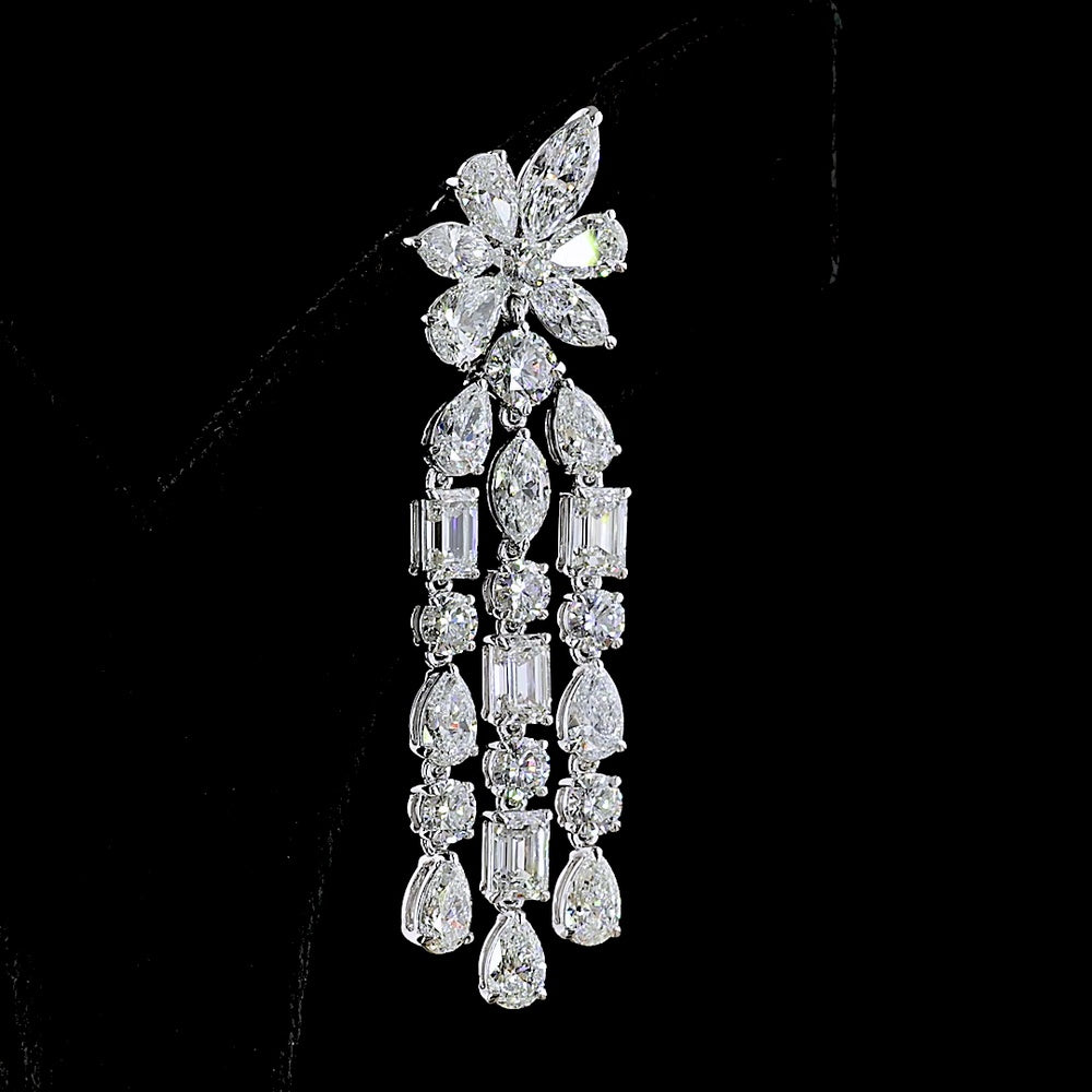 14K White Gold Mixed Shape Hanging Earrings with Emerald, Marquise, Brilliant, and Pear Lab Diamonds - 13.63 Carats Total Diamond Weight - Covaloro Fine Jewelry
