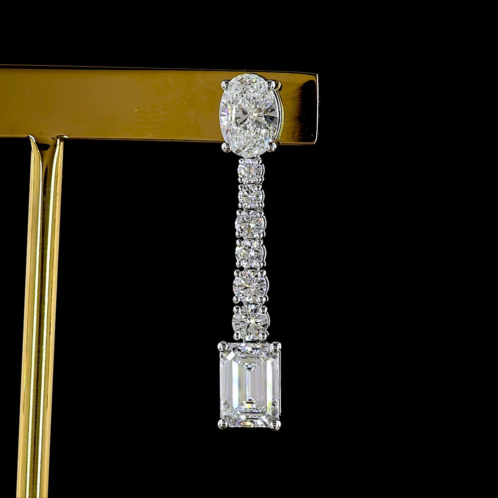 14K White Gold Mixed Shape Hanging Earrings with Oval, Brilliant, and Emerald Cut Lab Diamonds - 4.90 Carats Total Diamond Weight - Covaloro Fine Jewelry