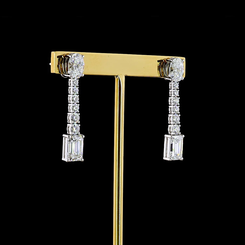 14K White Gold Mixed Shape Hanging Earrings with Oval, Brilliant, and Emerald Cut Lab Diamonds - 4.90 Carats Total Diamond Weight - Covaloro Fine Jewelry