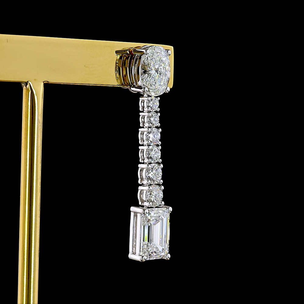 14K White Gold Mixed Shape Hanging Earrings with Oval, Brilliant, and Emerald Cut Lab Diamonds - 4.90 Carats Total Diamond Weight - Covaloro Fine Jewelry