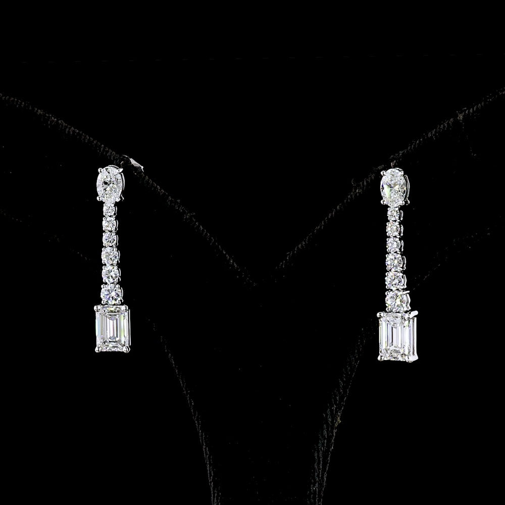 14K White Gold Mixed Shape Hanging Earrings with Oval, Round, and Emerald Cut Lab Diamonds - 3.10 Carats Total Diamond Weight - Covaloro Fine Jewelry