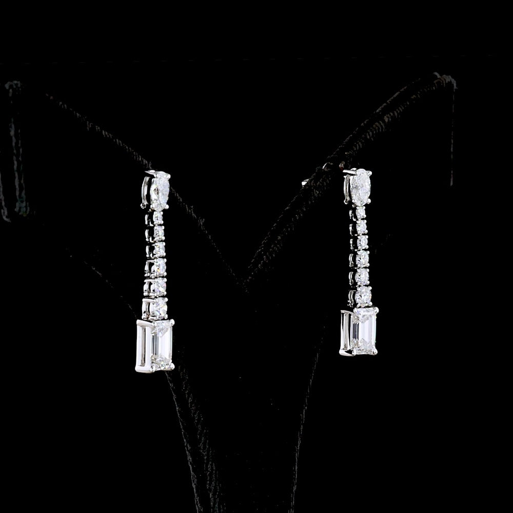 14K White Gold Mixed Shape Hanging Earrings with Oval, Round, and Emerald Cut Lab Diamonds - 3.10 Carats Total Diamond Weight - Covaloro Fine Jewelry