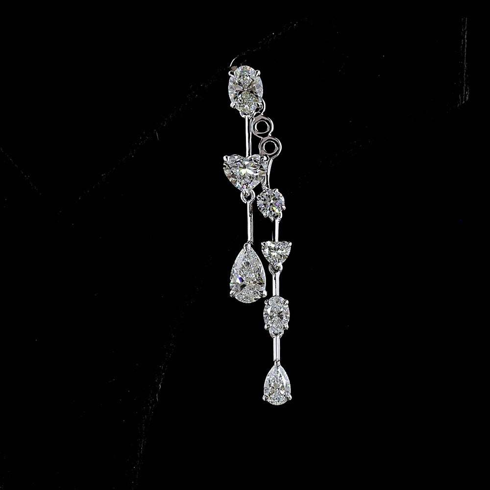 14K White Gold Mixed Shape Hanging Earrings with Pear and Heart Cut Lab Diamonds - 3.45 Carats Total Diamond Weight - Covaloro Fine Jewelry
