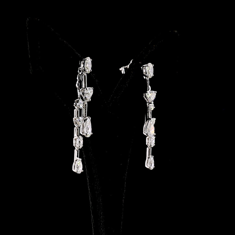 14K White Gold Mixed Shape Hanging Earrings with Pear and Heart Cut Lab Diamonds - 3.45 Carats Total Diamond Weight - Covaloro Fine Jewelry