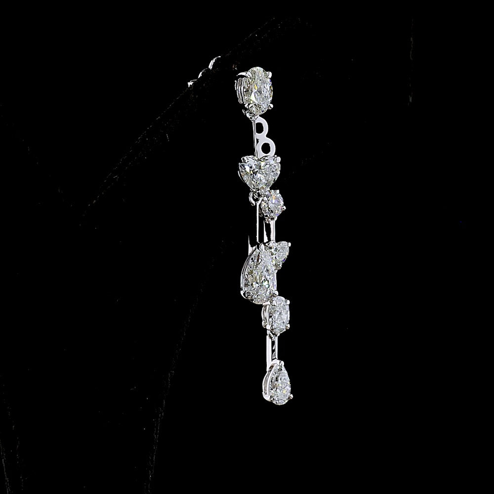 14K White Gold Mixed Shape Hanging Earrings with Pear and Heart Cut Lab Diamonds - 3.45 Carats Total Diamond Weight - Covaloro Fine Jewelry