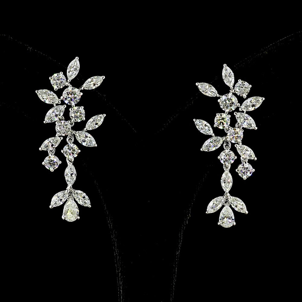 14K White Gold Mixed Shape Hanging Earrings with Pear, Marquise, and Round Lab Diamonds - 8.16 Carats Total Diamond Weight (E-F Color, VS Clarity) - Covaloro Fine Jewelry