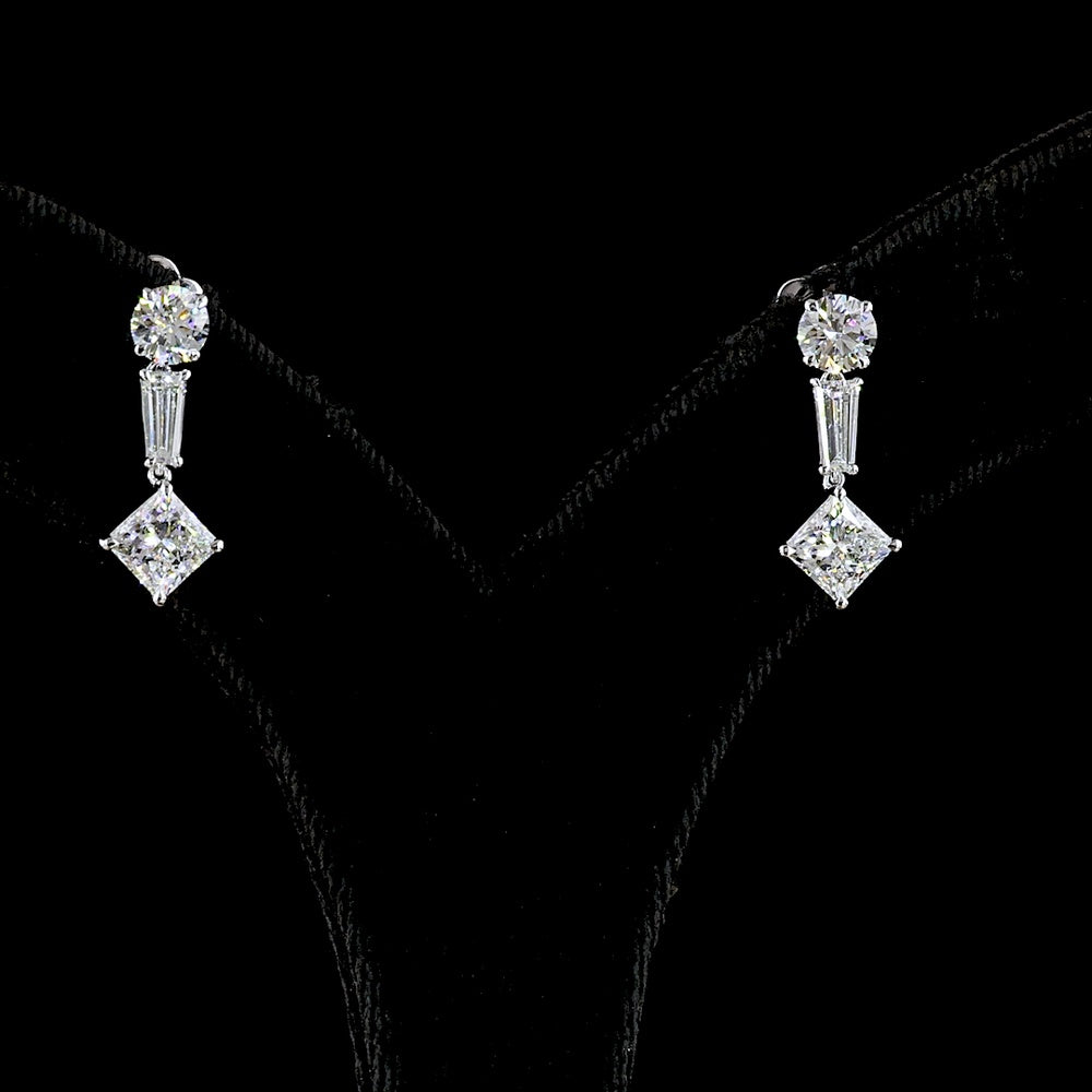 14K White Gold Mixed Shape Hanging Earrings with Princess, Round, and Tapered Baguette Lab Grown Diamonds - 2.95 Carats Total Diamond Weight - Covaloro Fine Jewelry