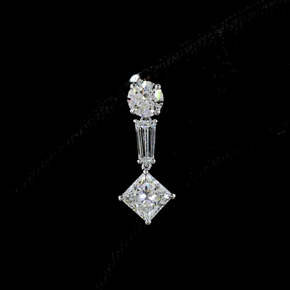 14K White Gold Mixed Shape Hanging Earrings with Princess, Round, and Tapered Baguette Lab Grown Diamonds - 2.95 Carats Total Diamond Weight - Covaloro Fine Jewelry