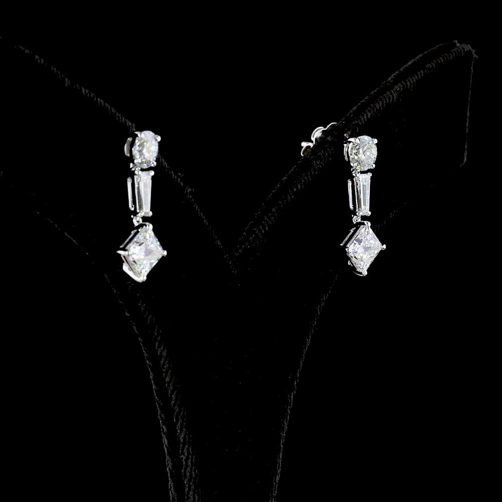 14K White Gold Mixed Shape Hanging Earrings with Princess, Round, and Tapered Baguette Lab Grown Diamonds - 2.95 Carats Total Diamond Weight - Covaloro Fine Jewelry