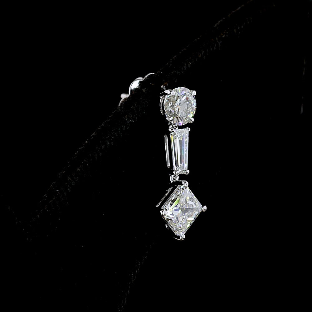14K White Gold Mixed Shape Hanging Earrings with Princess, Round, and Tapered Baguette Lab Grown Diamonds - 2.95 Carats Total Diamond Weight - Covaloro Fine Jewelry