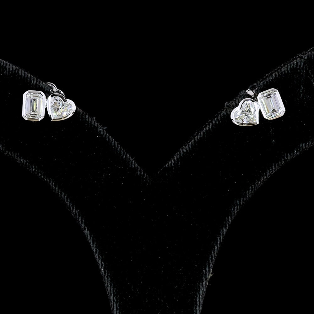 14K White Gold Mixed Shape Lab Diamond Stud Earrings with Bezel Set Emerald Cut and Heart Shape Diamonds - 1.85 Carats Total Diamond Weight - Covaloro Fine Jewelry