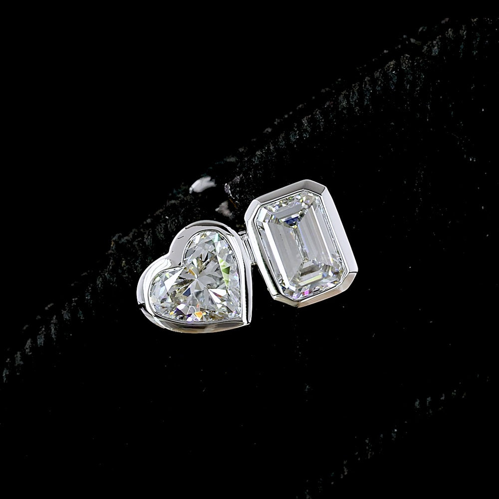 14K White Gold Mixed Shape Lab Diamond Stud Earrings with Bezel Set Emerald Cut and Heart Shape Diamonds - 1.85 Carats Total Diamond Weight - Covaloro Fine Jewelry