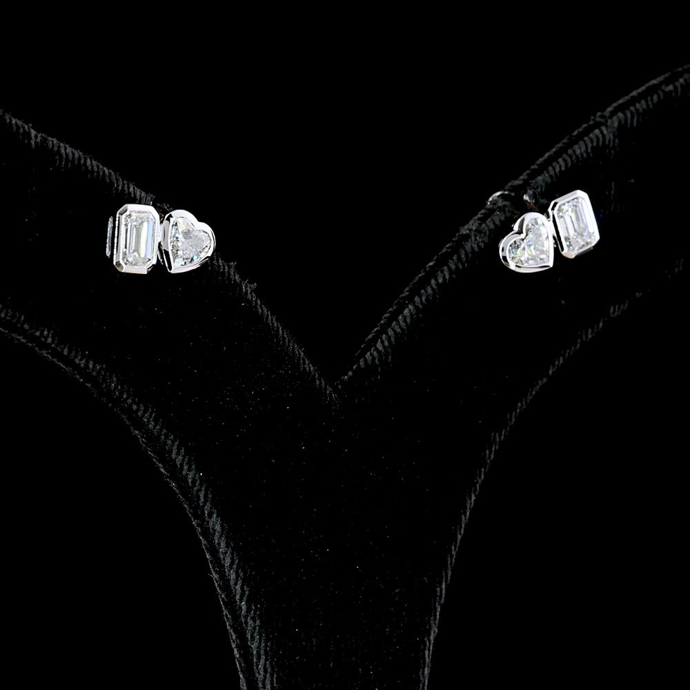 14K White Gold Mixed Shape Lab Diamond Stud Earrings with Bezel Set Emerald Cut and Heart Shape Diamonds - 1.85 Carats Total Diamond Weight - Covaloro Fine Jewelry