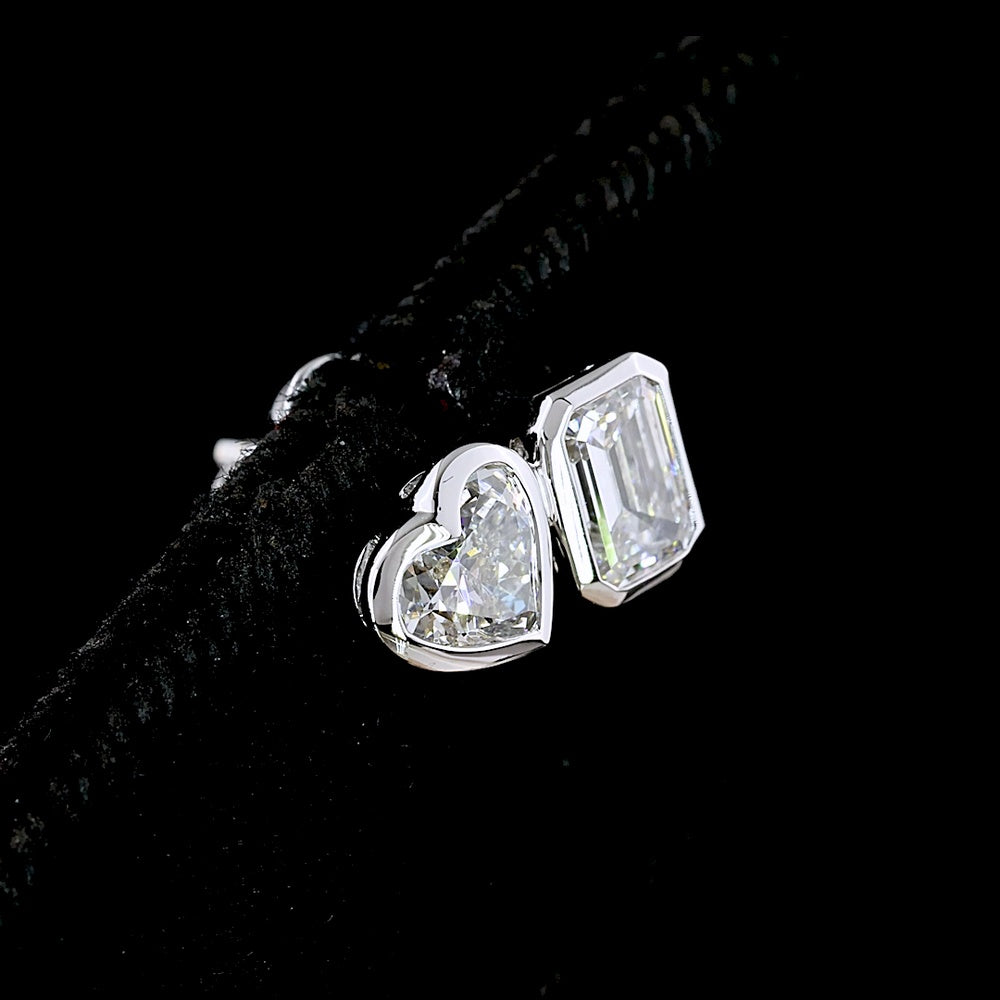 14K White Gold Mixed Shape Lab Diamond Stud Earrings with Bezel Set Emerald Cut and Heart Shape Diamonds - 1.85 Carats Total Diamond Weight - Covaloro Fine Jewelry