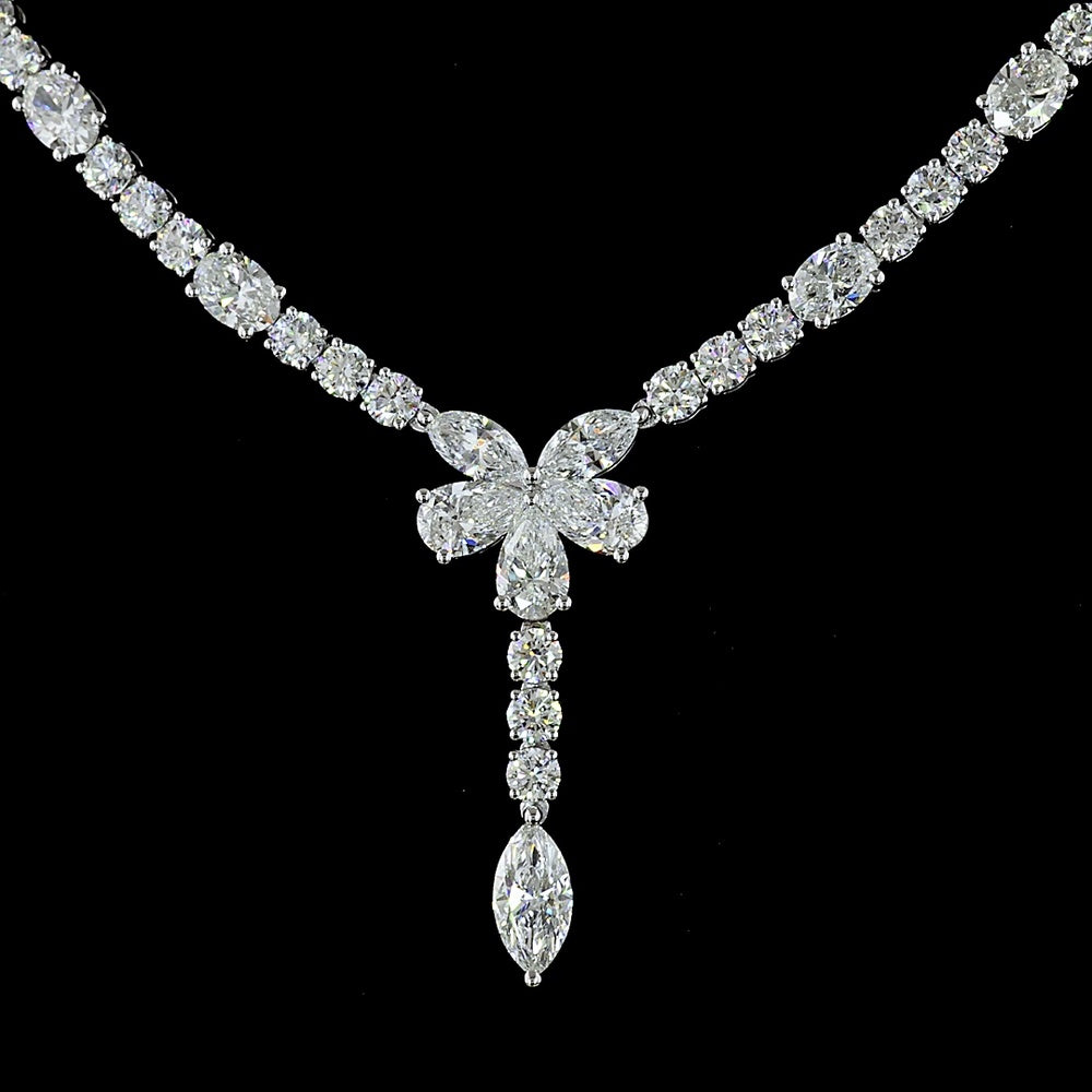 14K White Gold Mixed Shape Lariat Necklace with Marquise and Brilliant Cut Lab Diamonds - 13.91 Carat Total Diamond Weight - Covaloro Fine Jewelry
