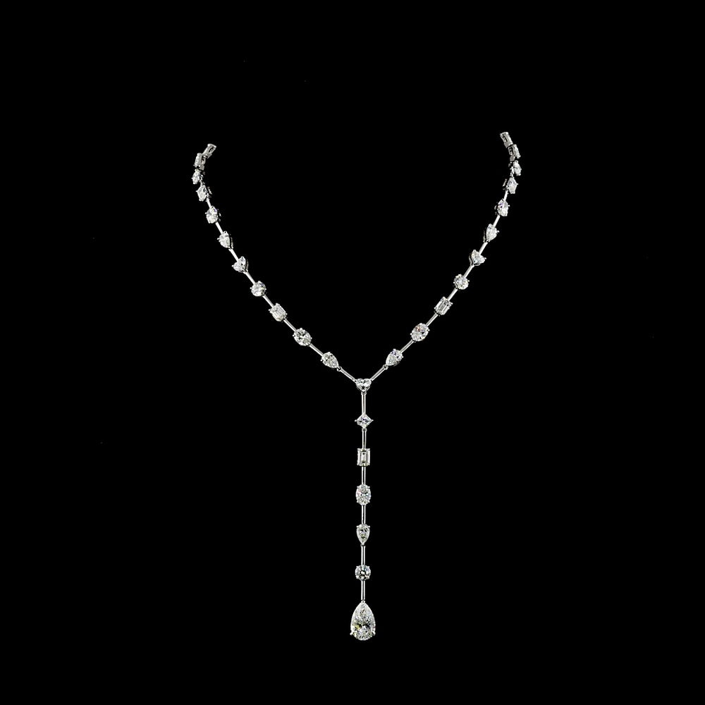14K White Gold Mixed Shape Lariat Necklace with Pear Heart Emerald and Oval Lab Diamonds - 18.91 Carat Total Weight - Covaloro Fine Jewelry