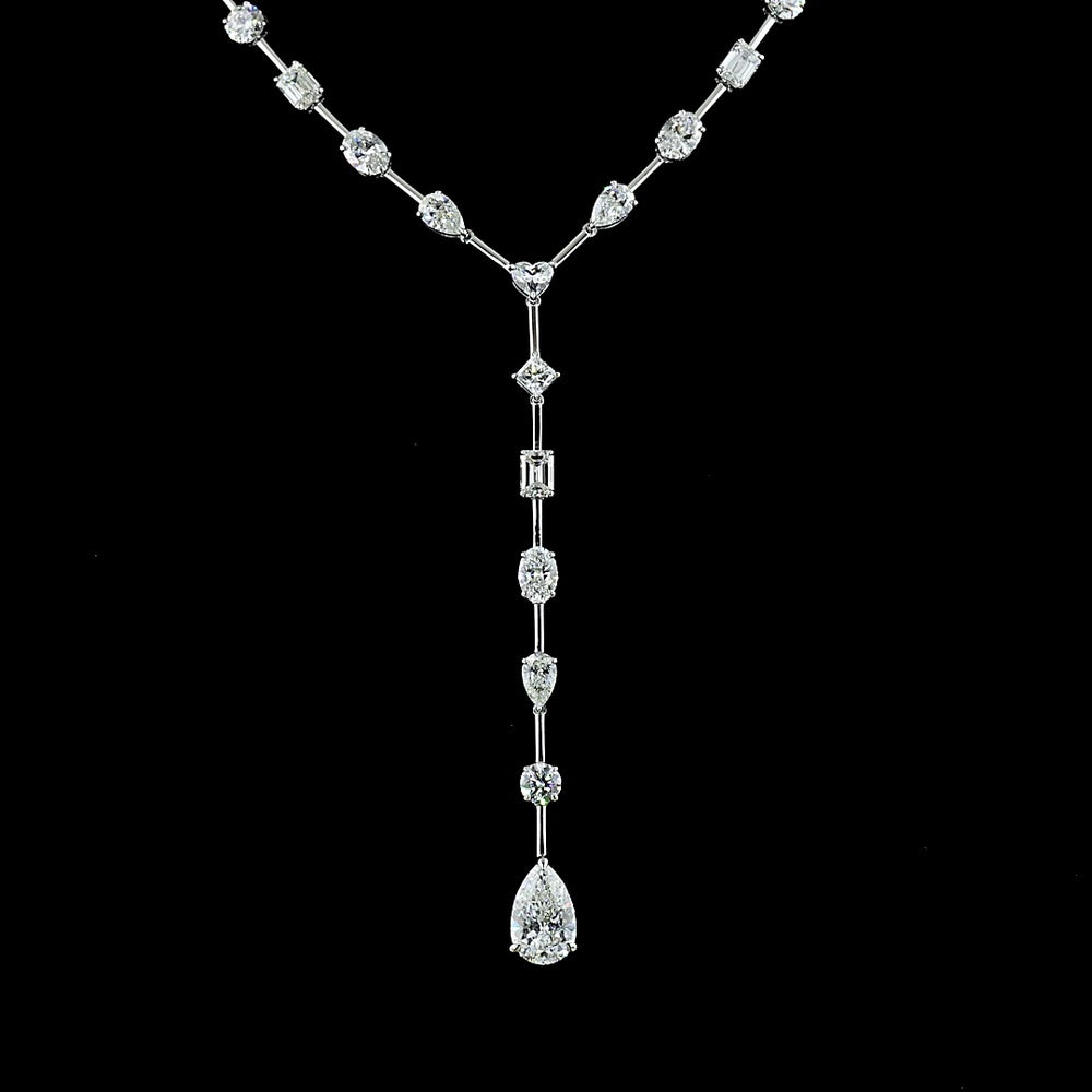 14K White Gold Mixed Shape Lariat Necklace with Pear Heart Emerald and Oval Lab Diamonds - 18.91 Carat Total Weight - Covaloro Fine Jewelry