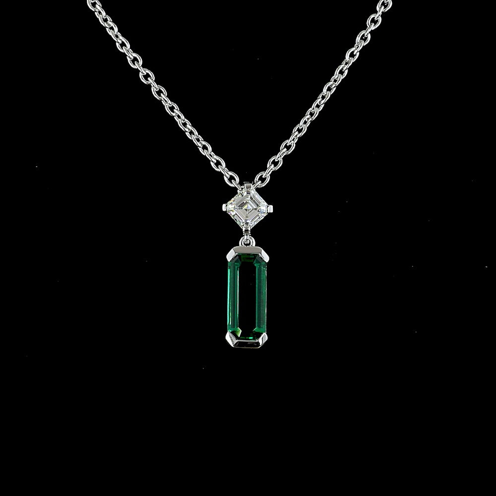 14K White Gold Mixed Shape Pendant with 1.26 Carat Lab-Grown Emerald Cut Emerald and 0.30 Carat Asscher Cut Diamond - 1.56 Carat Total Gem Weight - Covaloro Fine Jewelry