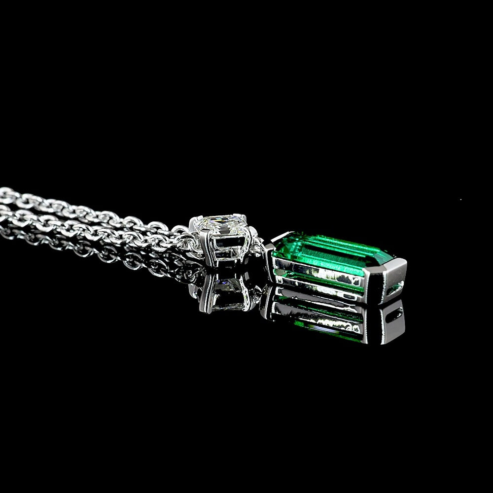 14K White Gold Mixed Shape Pendant with 1.26 Carat Lab-Grown Emerald Cut Emerald and 0.30 Carat Asscher Cut Diamond - 1.56 Carat Total Gem Weight - Covaloro Fine Jewelry