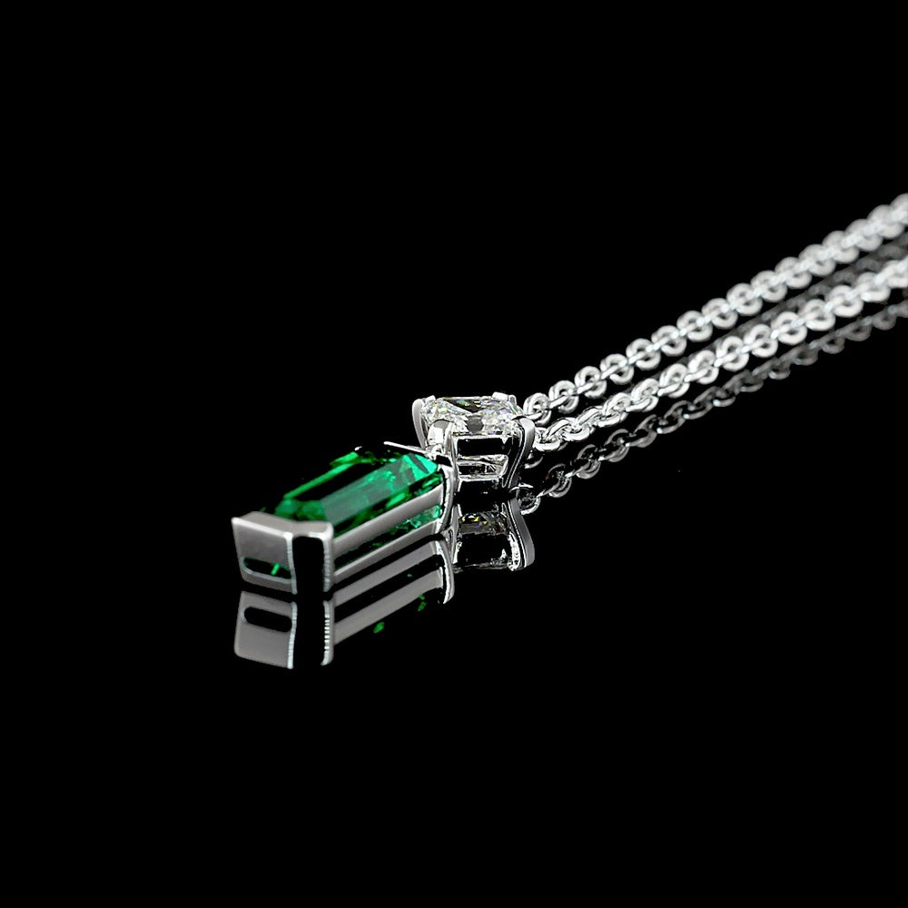 14K White Gold Mixed Shape Pendant with 1.26 Carat Lab-Grown Emerald Cut Emerald and 0.30 Carat Asscher Cut Diamond - 1.56 Carat Total Gem Weight - Covaloro Fine Jewelry