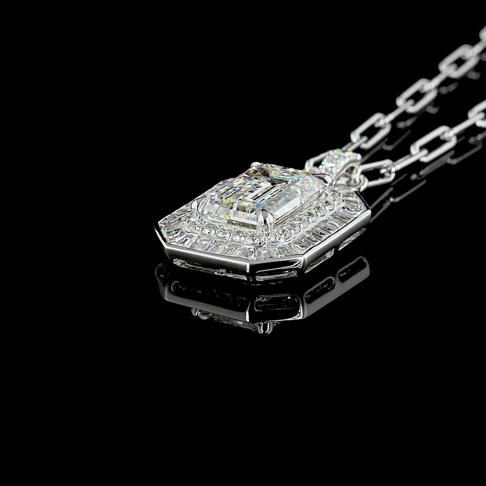 14K White Gold Mixed Shape Pendant with 5.03 Carat Emerald Cut Lab Diamond and 1.73 Carat Accent Stones - 6.76 Carat Total Diamond Weight - Covaloro Fine Jewelry