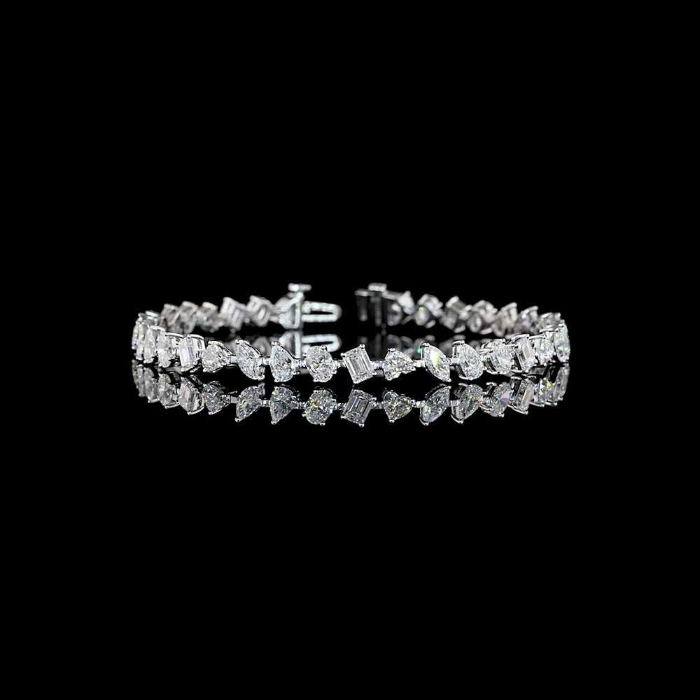 14K White Gold Mixed Shape Station Bracelet with 36 Lab Diamonds in Emerald, Oval, Pear, and Heart Cuts - 7.38 Carats Total Diamond Weight - Covaloro Fine Jewelry