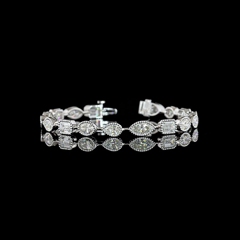 14K White Gold Mixed Shape Station Bracelet with Bezel Set Emerald, Marquise, Oval & Pear Lab Diamonds - 9.54 Carat Total Weight - Covaloro Fine Jewelry