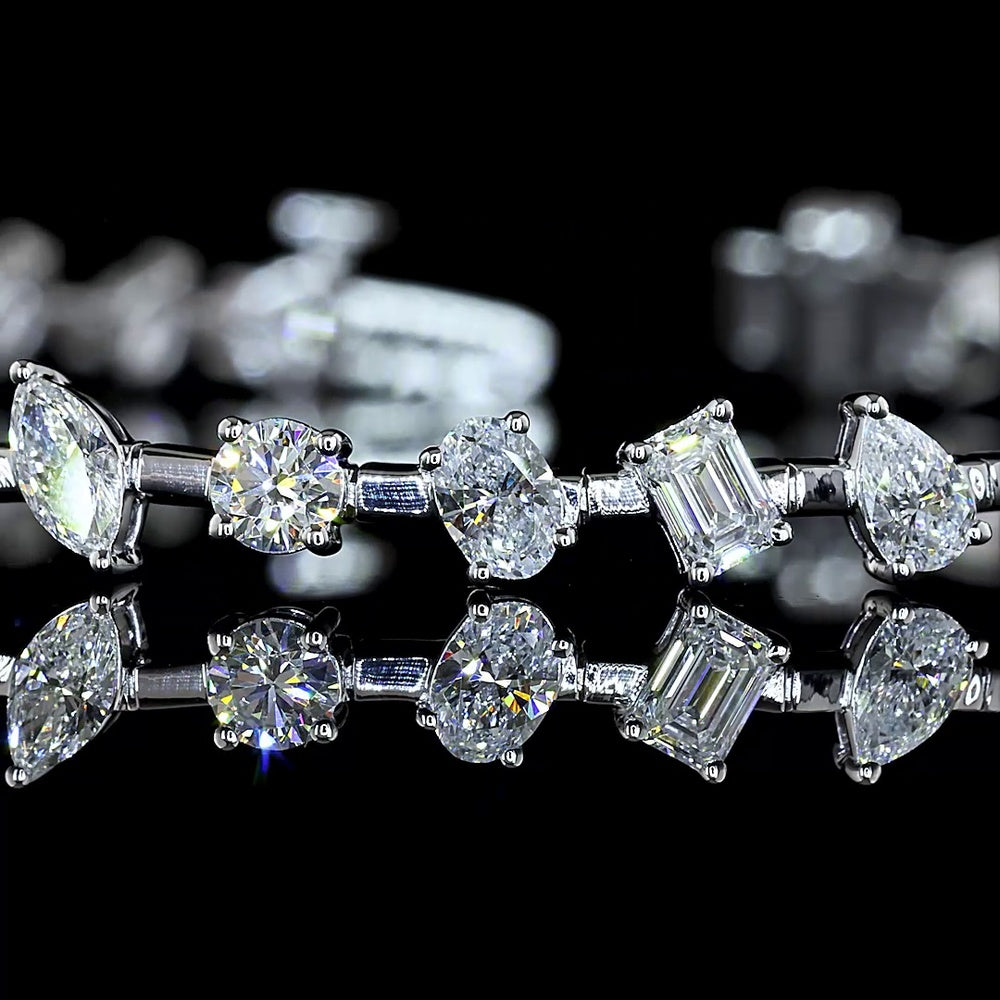 14K White Gold Mixed Shape Station Bracelet with Emerald, Oval, Pear, and Round Lab Diamonds - 3.89 Carats Total Diamond Weight - Covaloro Fine Jewelry